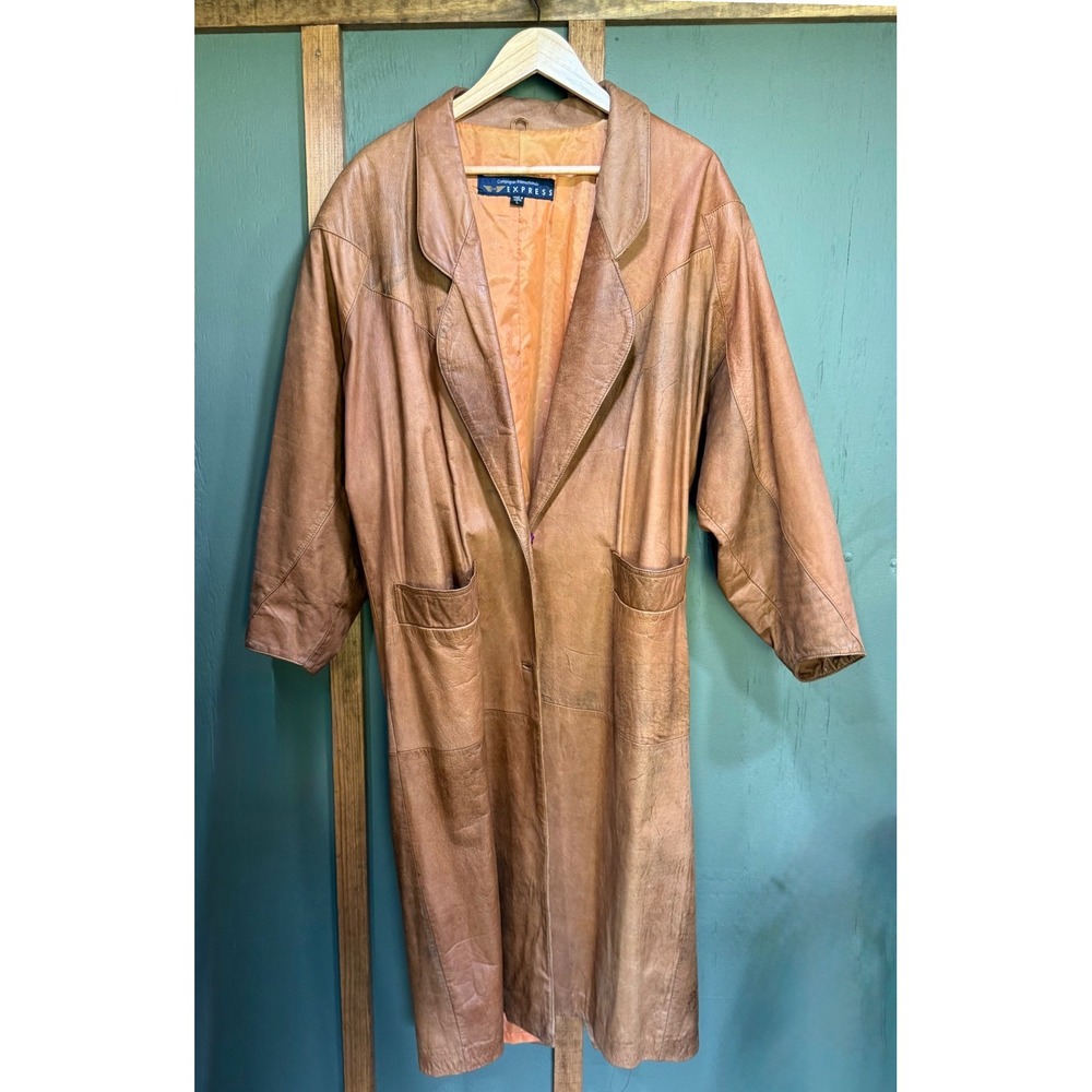 Vintage 80s Leather Trench Coat Womens L Cognac Brown Korea Shoulder Pads Blazer